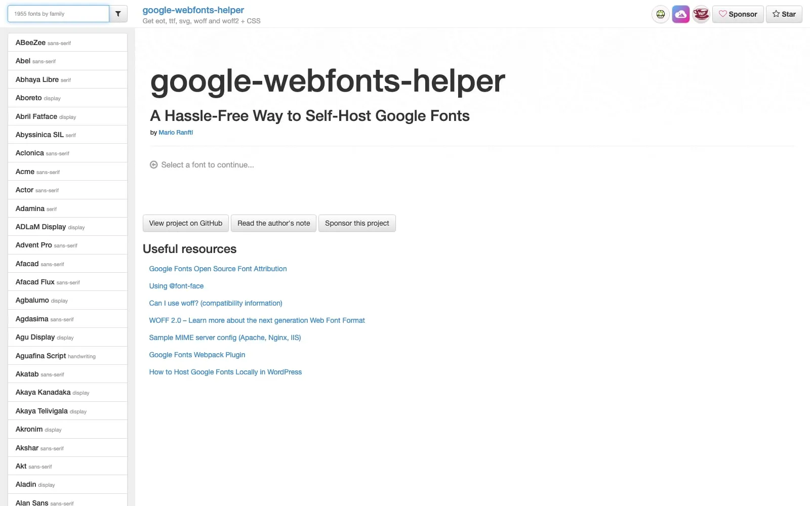 Screenshot of Google WebFonts Helper